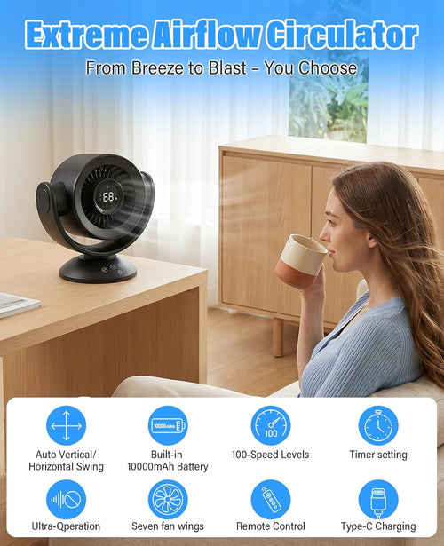 Fan for Bedroom,Desk Fans,Air Circulator Fan with Remote, 90°Vertical +120°Auto Oscillating,100 Speeds, 10H Timer, 25dB Quiet Fan,Digital Display Rechargeable USB, for Home Office Travel（Black）