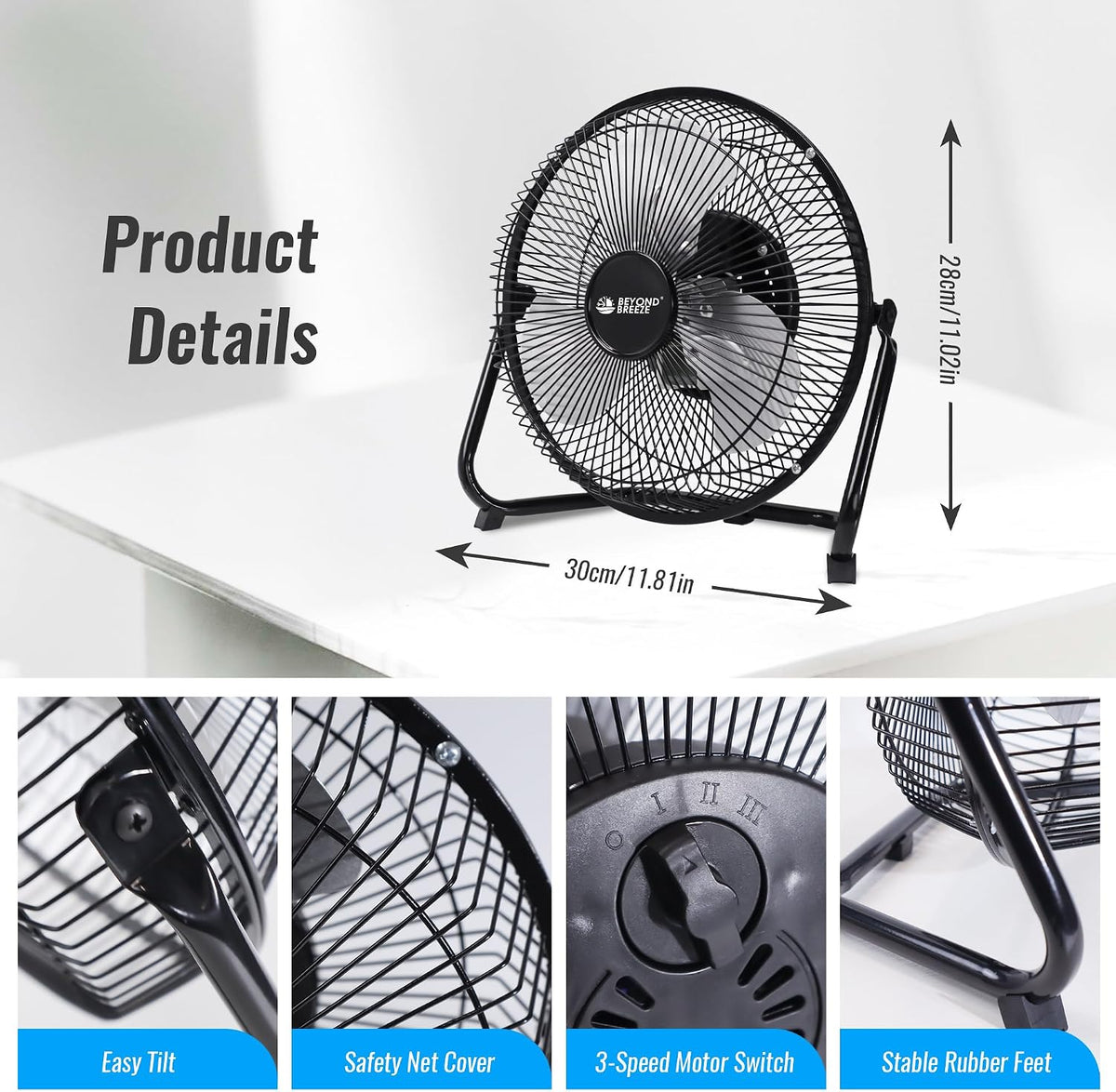 BEYOND BREEZE 9 Inch Metal Floor Fan with Upgraded Airflow, Black | 3-Speed Portable Cradle Floor Fan, 180° Adjustable Tilt, Perfect for Workshop, Home, Office